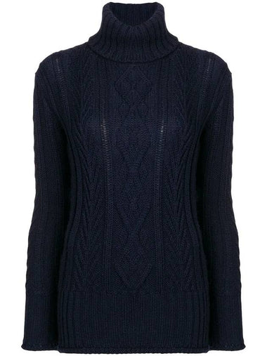 Women's Stripe Aran Cable Turtleneck Navy - THOM BROWNE - BALAAN 1