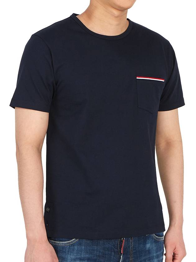 Men's Medium Weight Jersey Tipped Pocket Crewneck Short Short Sleeve T-Shirt Navy - THOM BROWNE - BALAAN 6