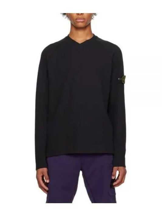 Garment Dyed V Neck Badge Sweatshirt Black - STONE ISLAND - BALAAN 2