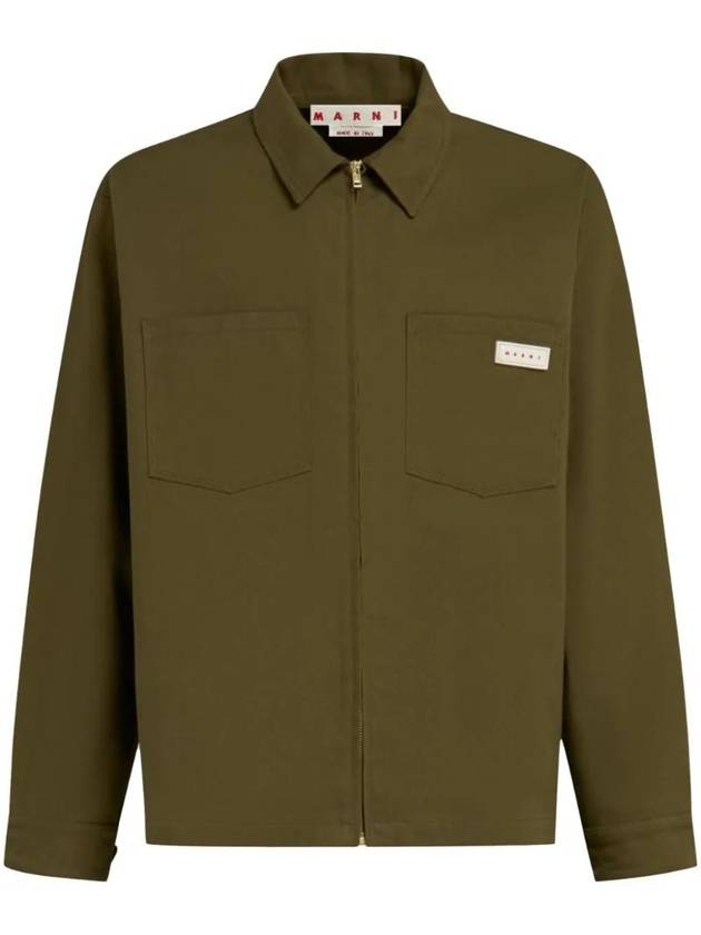 Logo Patch Zip-Up Long Sleeve Shirt Green - MARNI - BALAAN 1