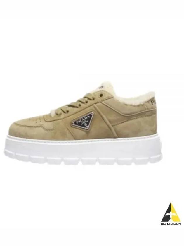 Triangle Logo Shearling Suede Low-Top Sneakers Ecru - PRADA - BALAAN 2