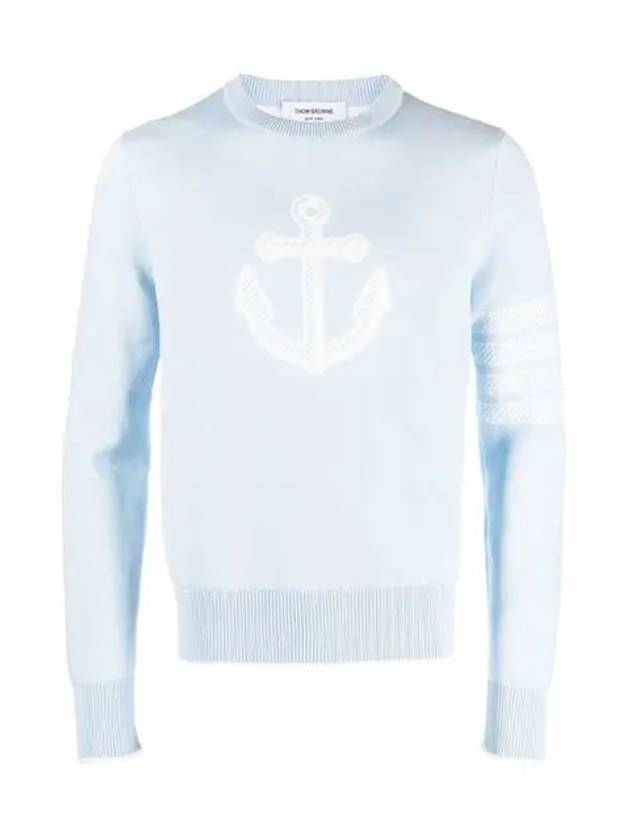 Men's Anchor Jacquard 4-Bar Crew Neck Knit Top Light Blue - THOM BROWNE - BALAAN 1