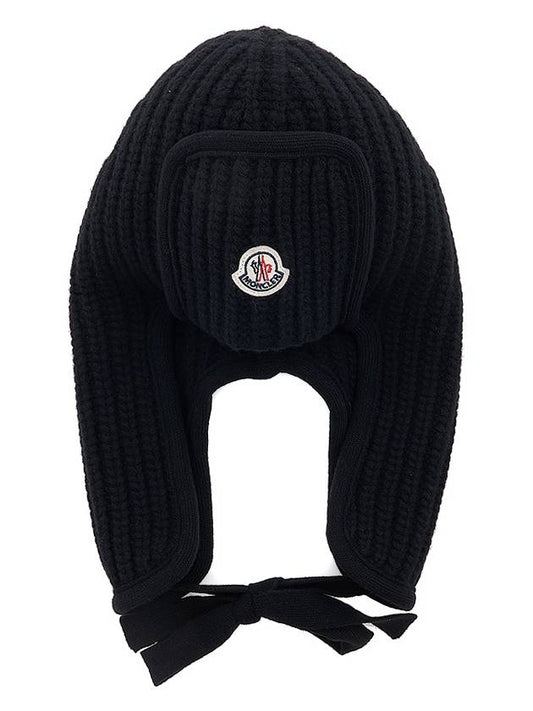 Logo Patch Wool Beanie Black - MONCLER - BALAAN 2