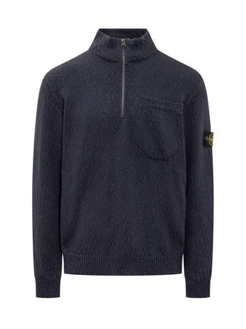 Half Zip-up Loose Fit Uneven Cotton Yarn Knit Top Navy - STONE ISLAND - BALAAN 1