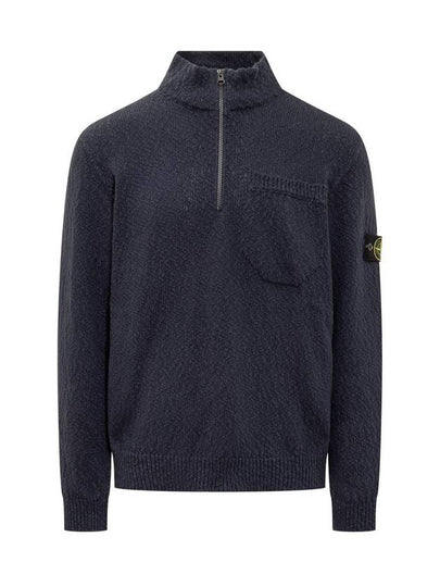 Half Zip-up Loose Fit Uneven Cotton Yarn Knit Top Navy - STONE ISLAND - BALAAN 2