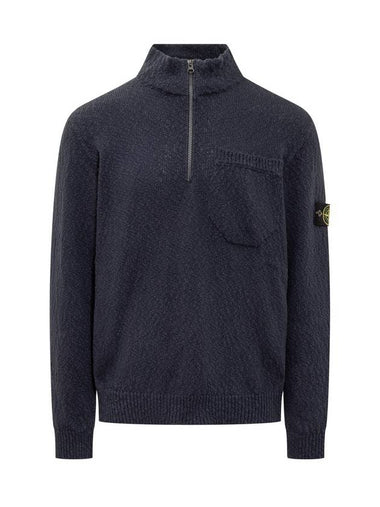 Half Zip-up Loose Fit Uneven Cotton Yarn Knit Top Navy - STONE ISLAND - BALAAN 1