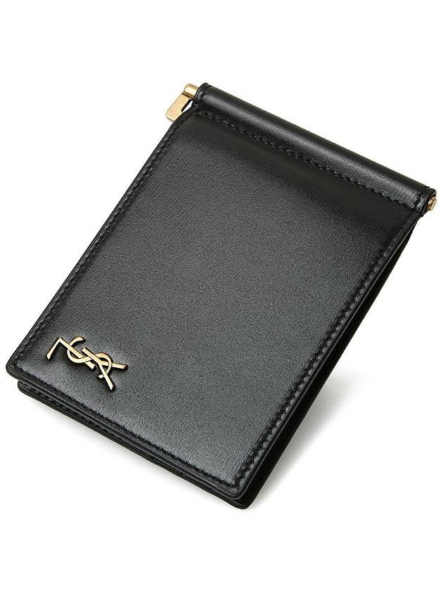 Tiny Cassandre Gold Monogram Logo Money Clip Card Wallet Black - SAINT LAURENT - BALAAN.