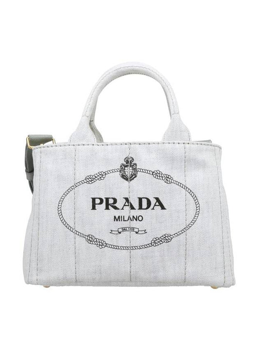 Logo Canapa Denim Tote Bag White - PRADA - BALAAN 1