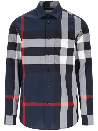 Check Motif Cotton Long Sleeve Shirt Navy - BURBERRY - BALAAN 2