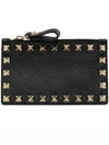 Rockstud Zipper Leather Card Wallet Black - VALENTINO - BALAAN 1