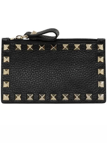 Rockstud Zipper Leather Card Wallet Black - VALENTINO - BALAAN 1