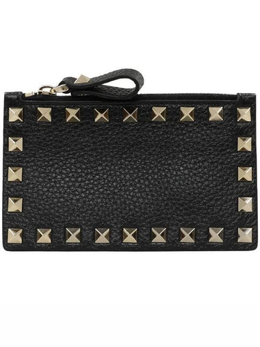 Rockstud Zipper Leather Card Wallet Black - VALENTINO - BALAAN 1