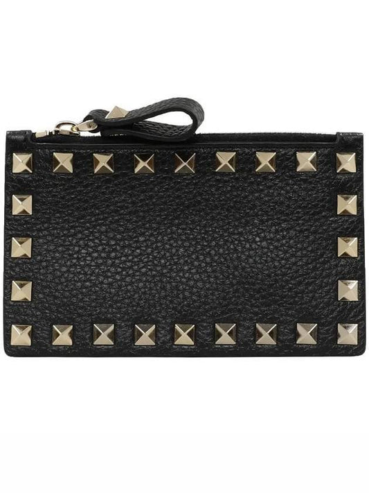 Rockstud Zipped Leather Card Wallet Black - VALENTINO - BALAAN.