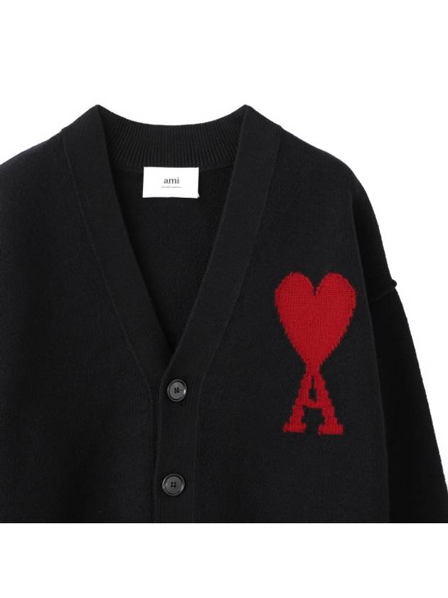 Heart Logo V Neck Wool Cardigan Black - AMI - BALAAN 4