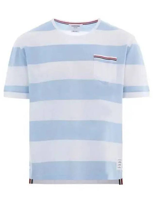Men's Rugby Striped Pick Pocket Short Sleeve T-Shirt Light Blue White - THOM BROWNE - BALAAN 2