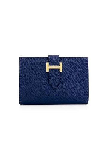 Bean card wallet blue navy gold engraved W 4HL0141 - HERMES - BALAAN 1