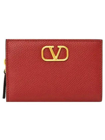 V Logo Signature Zipper Card Wallet Red - VALENTINO - BALAAN 2