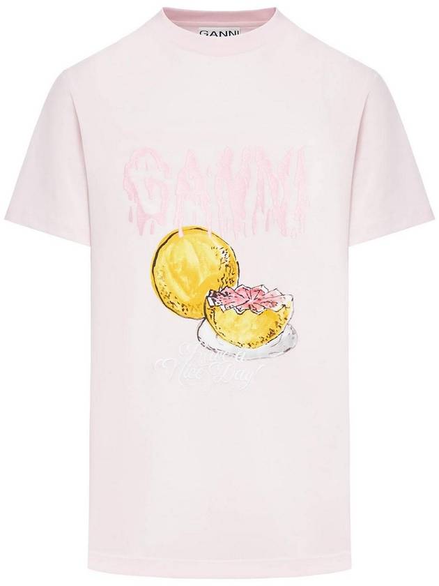 Logo Applique Graphic Print Short Sleeve T Shirt Pink - GANNI - BALAAN 2