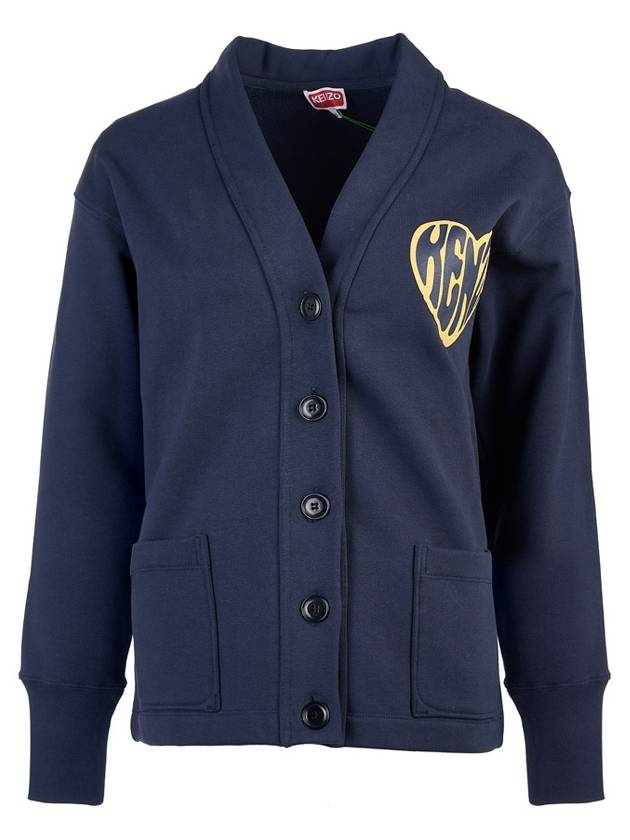 Heart V-Neck Buttoned Cotton Cardigan Navy - KENZO - BALAAN 3