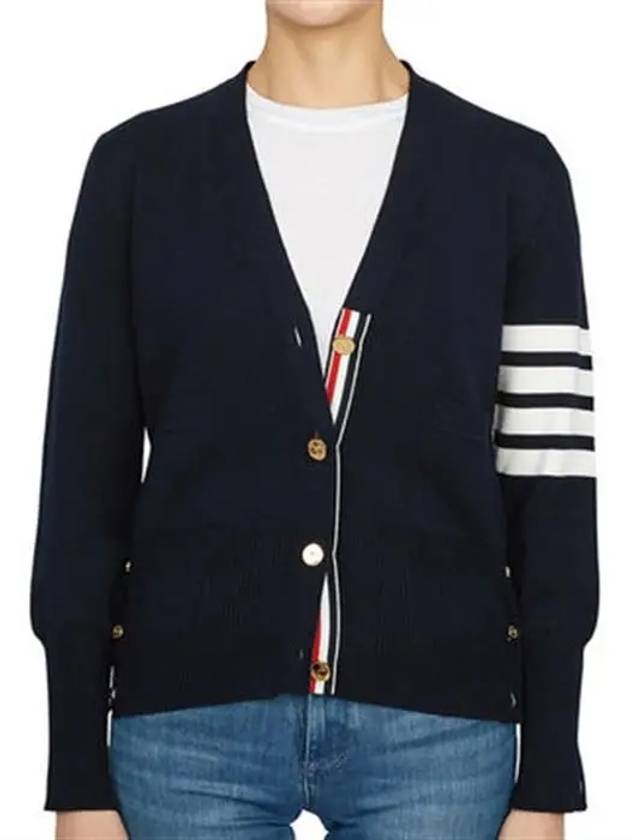 Milano Stitch 4 Bar Classic V Neck Fine Merino Wool Cardigan Navy - THOM BROWNE - BALAAN 10