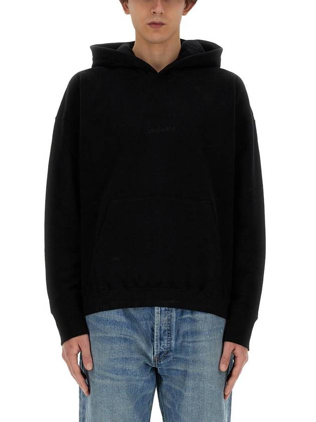 Embroidered Logo Ribbed Cuffs Cotton Hoodie Black - SAINT LAURENT - BALAAN 2