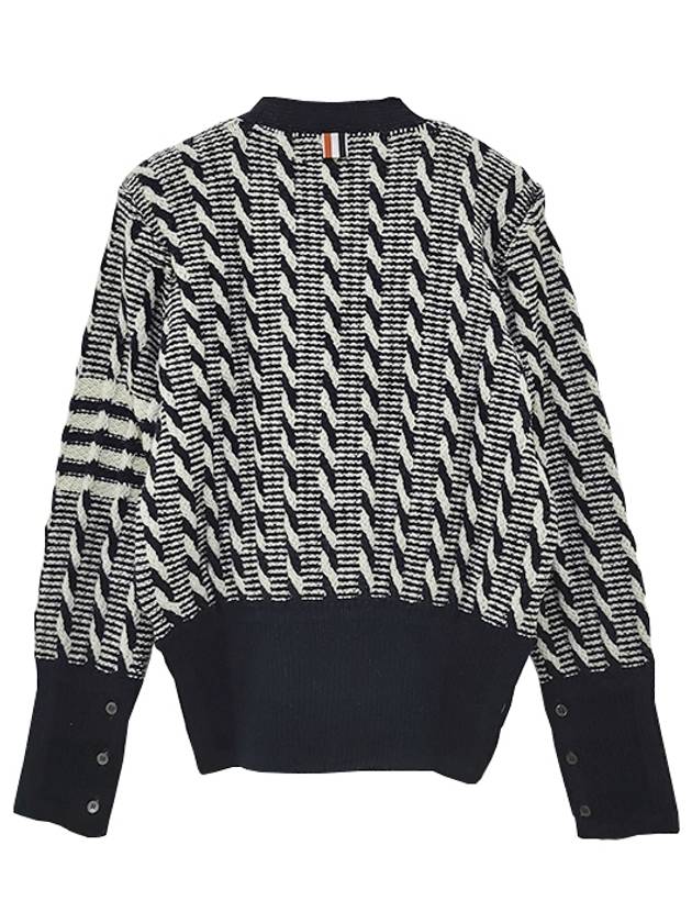 4-bar V-neck Twist Cable Knit Cardigan Navy - THOM BROWNE - BALAAN 4