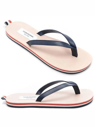 Men's Three Stripes Leather Flip Flops Navy - THOM BROWNE - BALAAN 1