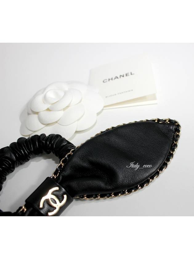 CC Chain Leather Ribbon Scrunchy Black - CHANEL - BALAAN.