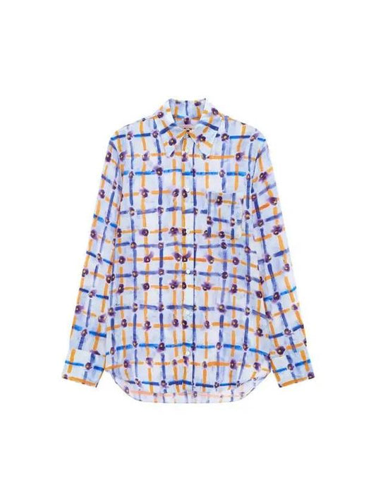 Floral Check Silk Shirt Light Blue - MARNI - BALAAN 1