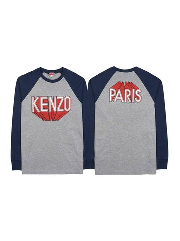 Logo Print Cotton Long Sleeve T-shirt Blue Grey - KENZO - BALAAN 1