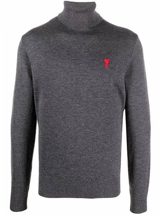 Small Heart Logo Extrafine Merino Wool Turtleneck Heather Grey - AMI - BALAAN 2