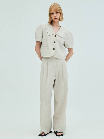 Puff Sleeve Cropped Jacke Two Tuck Wide Pants Set Beige - OPENING SUNSHINE - BALAAN 1