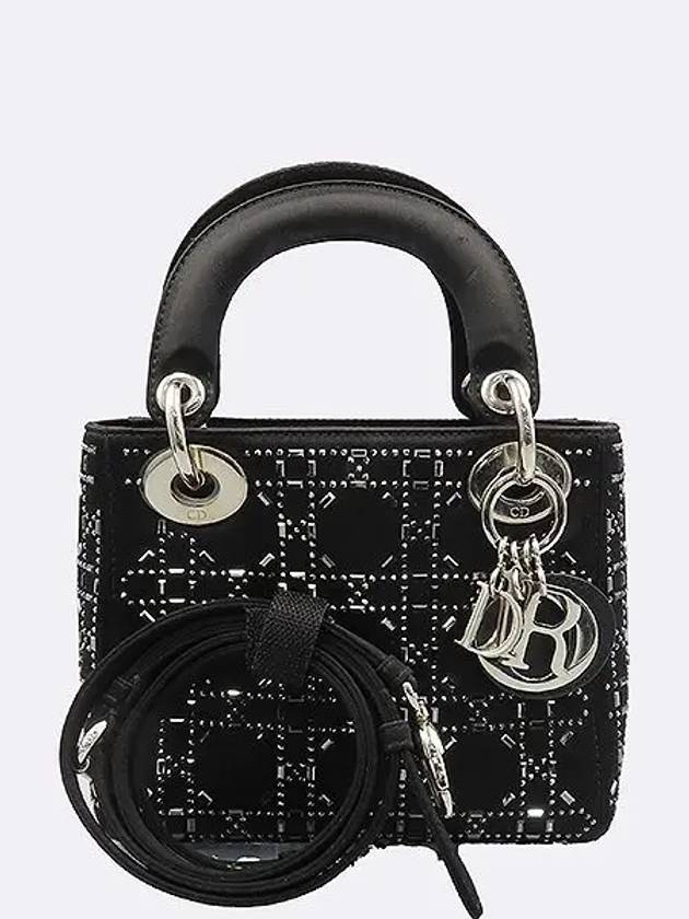 M0500PRTC M911 Black Rhinestone Cannage Satin Lady Dior Mini Tote Bag Cross Strap 2WAY - DIOR - BALAAN 1