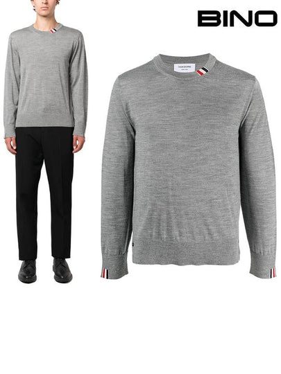 Intarsia Stitch Crew Neck Merino Wool Knit Top Light Grey - THOM BROWNE - BALAAN 2