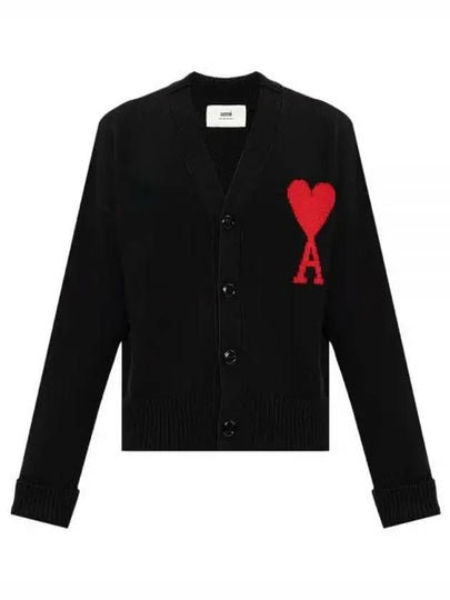 Intarsia Big Heart Logo Oversized Virgin Wool Cardigan Black - AMI - BALAAN 2