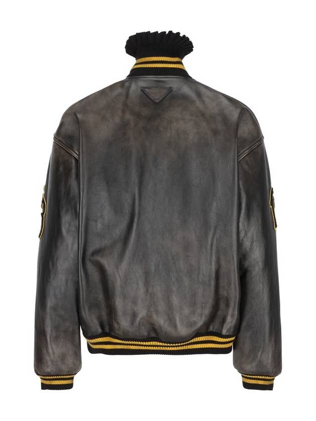 Logo Leather Bomber Jacket Black - PRADA - BALAAN 3