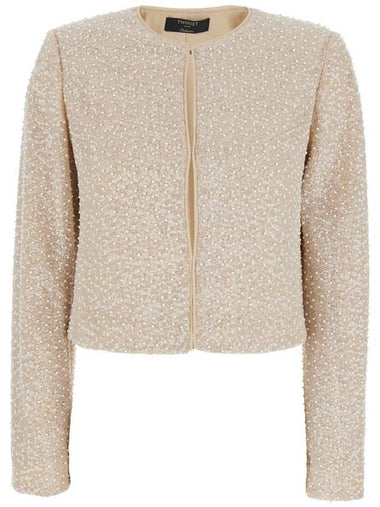 Beige Sequin Jacket With All-Over Fau-Pearl Embellishments In Tech Fabric Woman - TWINSET - BALAAN 1