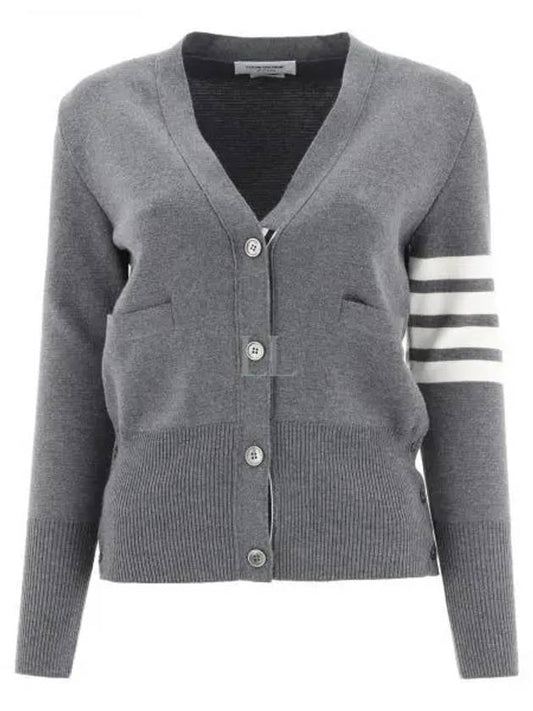 Milano Stitch 4 Bar Classic V Neck Fine Merino Wool Cardigan Medium Grey - THOM BROWNE - BALAAN 2