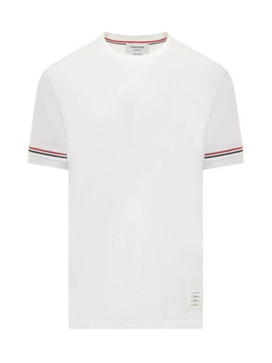 Striped Detail Crew Neck Cotton Short Sleeve T-Shirt White - THOM BROWNE - BALAAN 1