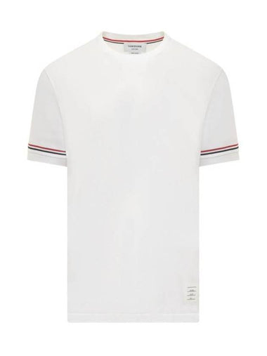 Striped Detail Crew Neck Cotton Short Sleeve T-Shirt White - THOM BROWNE - BALAAN 1