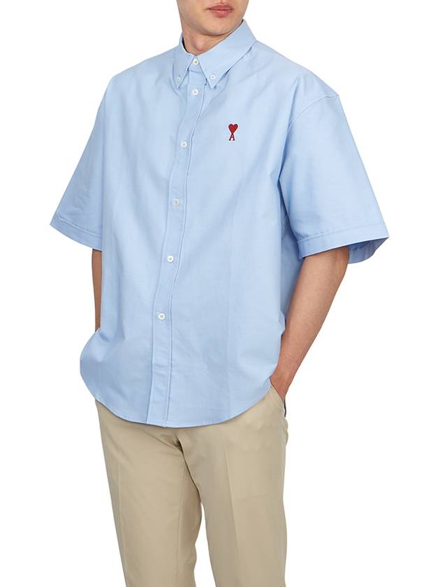 Men's Boxy Fit Embroidered Logo Short Sleeve Shirt Light Blue - AMI - BALAAN 5