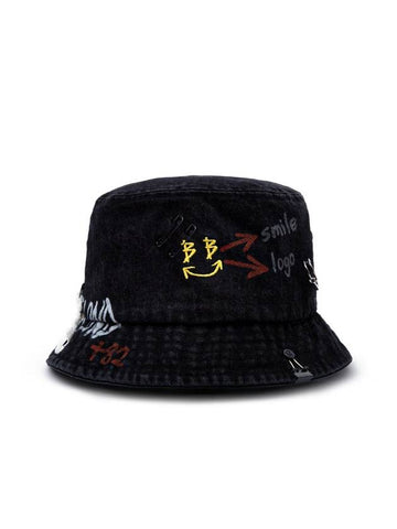 Smile Logo Custom Denim Bucket Hat Black - BLACKBLOND - BALAAN 1