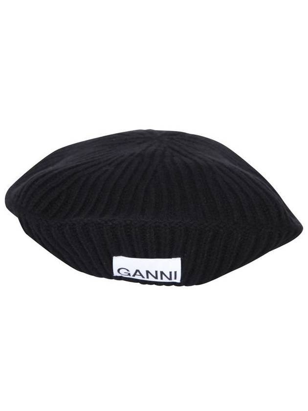 Logo Rib Edge Wool Beret Black - GANNI - BALAAN 3