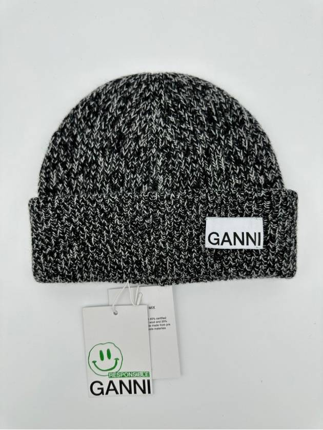 Logo Patch Ribbed Knit Beanie Black - GANNI - BALAAN 5