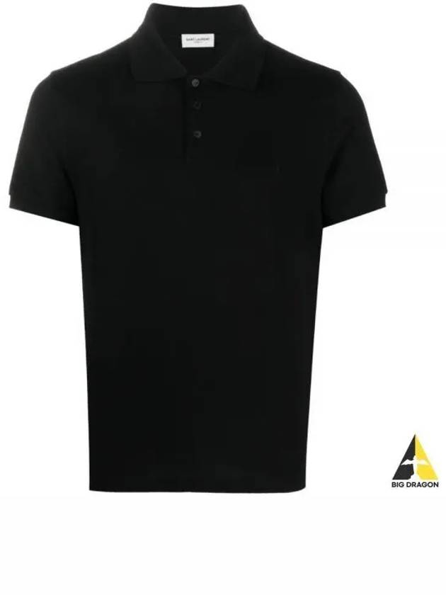 Men's Monogram Cotton Short Sleeve Polo Shirt Black - SAINT LAURENT - BALAAN 2