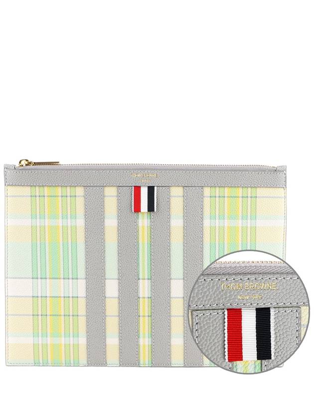 Madras Print Pebble Grain Leather Clutch Bag Pastel Green - THOM BROWNE - BALAAN 2