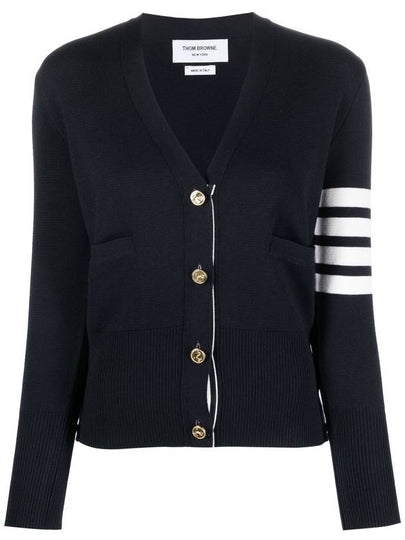 Milano Stitch 4 Bar Classic V Neck Fine Merino Wool Cardigan Navy - THOM BROWNE - BALAAN 2