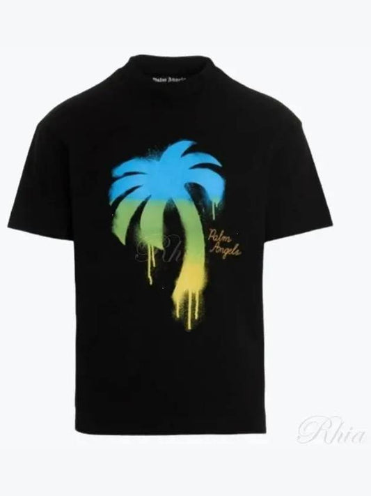 Palm Tree Printed Crewneck Classic Cotton Short Sleeve T-Shirt Black - PALM ANGELS - BALAAN 2