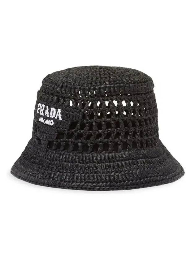 Embroidered Logo Raffia Bucket Hat Black - PRADA - BALAAN 3