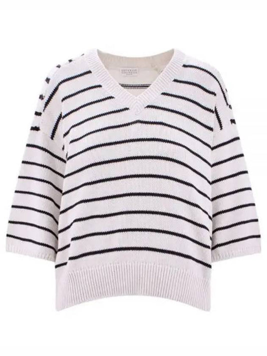 V-Neck Knit Short Sleeve T-Shirt White - BRUNELLO CUCINELLI - BALAAN 1